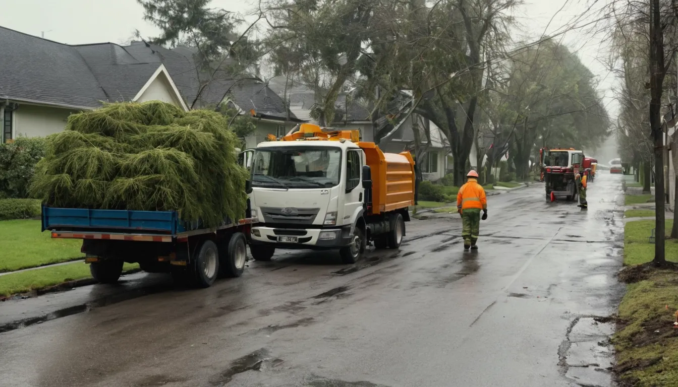 A tree crew clearing storm-damaged branches from a street in Beavercreek